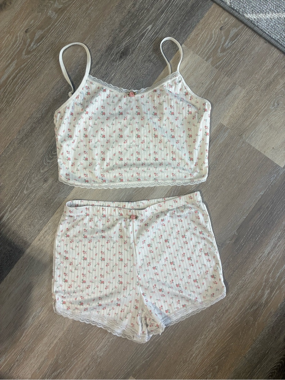 Amazon Women's White Ribbed Cami & Shorts Sleep Set with Pink Floral